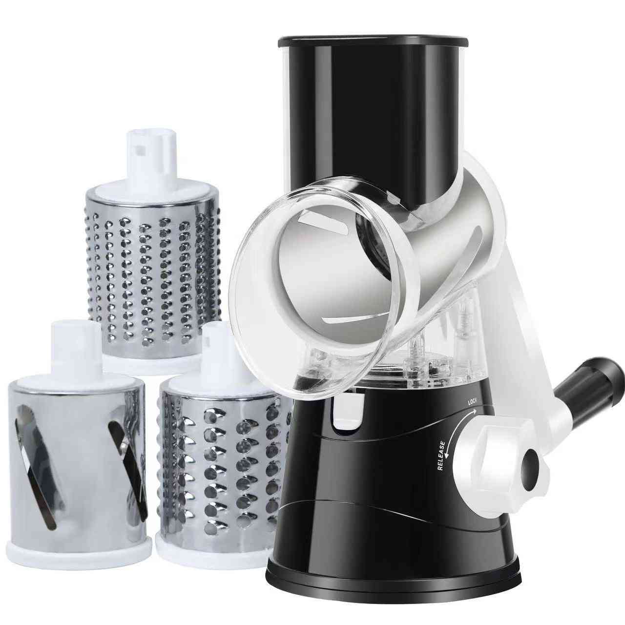 Black and silver rotary cheese grater with interchangeable heads on a white background