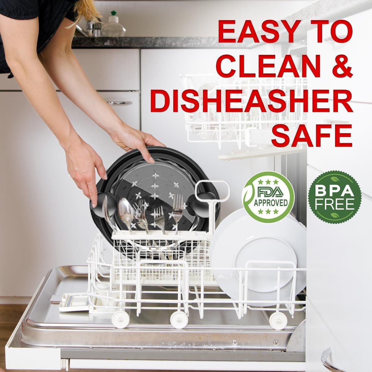 Dishwasher with dishes being removed, emphasizing ease of cleaning and dishwasher safety.