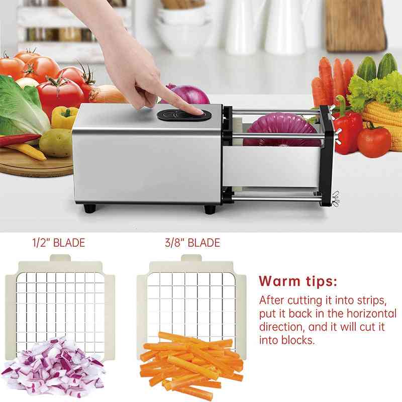 Vegetable chopper with cutting blades and vegetables on a kitchen counter