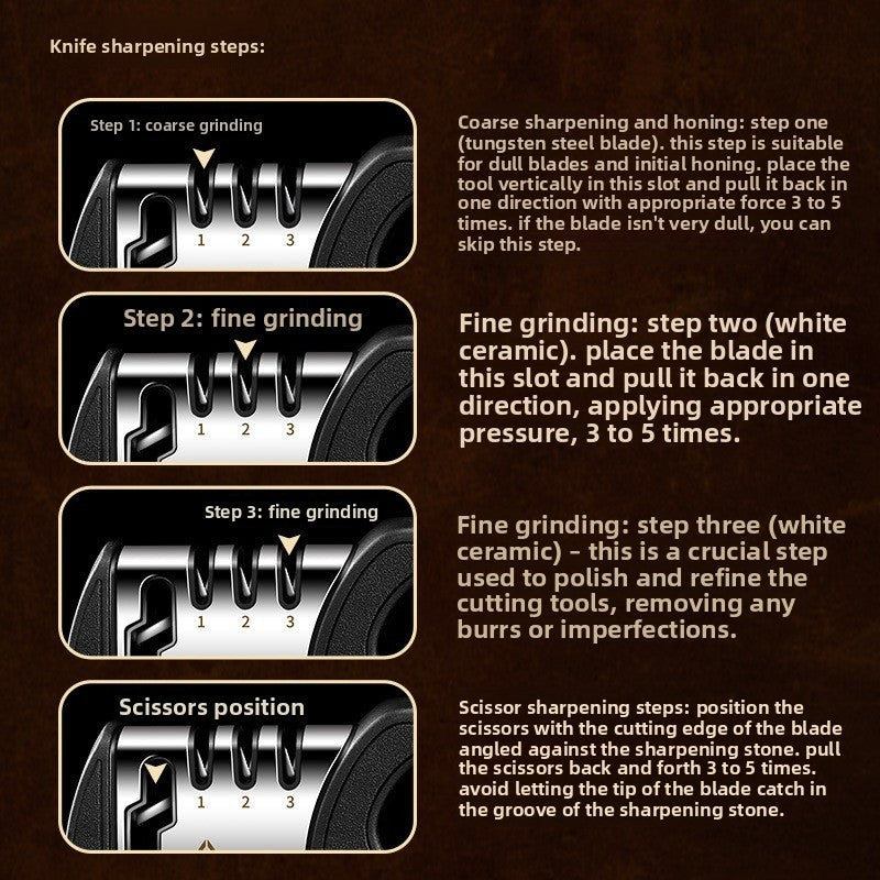Knife and scissors sharpening guide with step-by-step instructions on a brown background