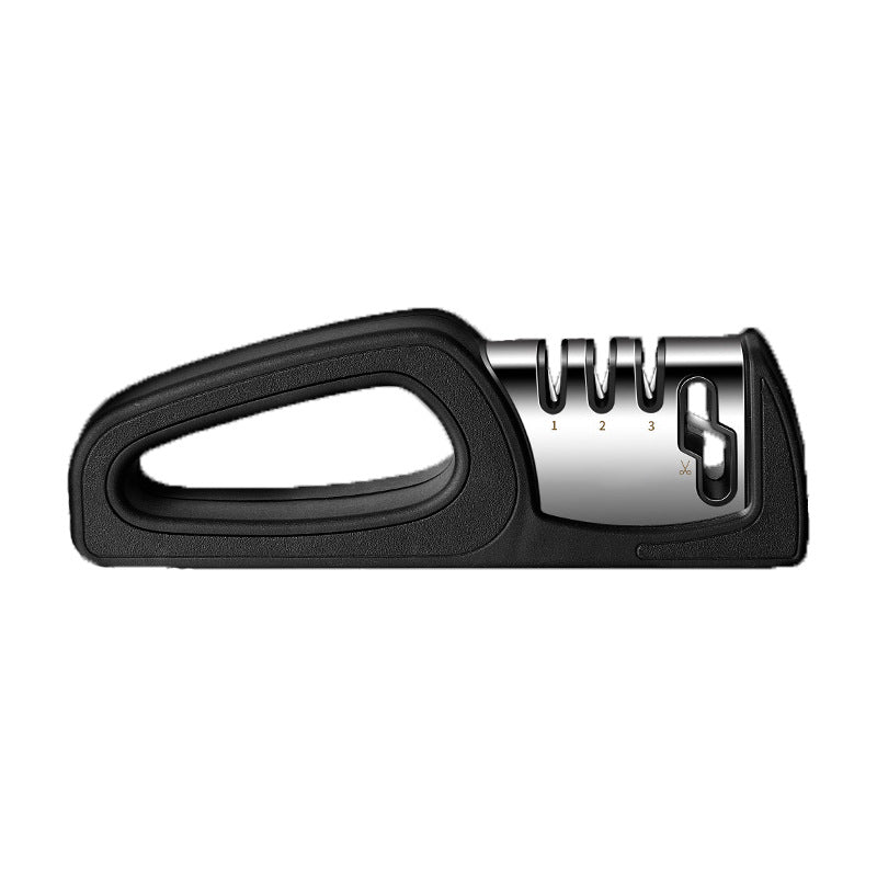 Knife sharpener with black handle and silver sharpening wheel on a white background