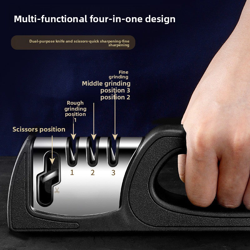 Knife sharpener with labeled positions and a hand using it, on a dark background.