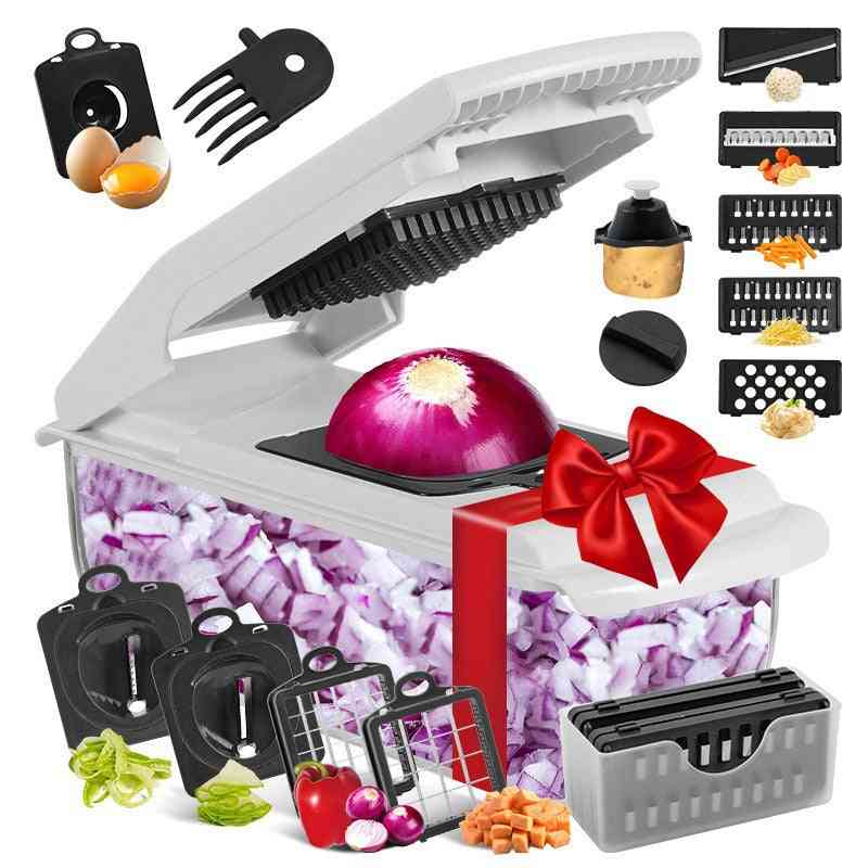 Multifunctional kitchen slicer with various attachments and chopped vegetables on a white background
