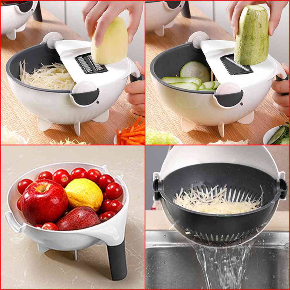 Multifunctional kitchen tool being used to slice, shred, and drain vegetables.