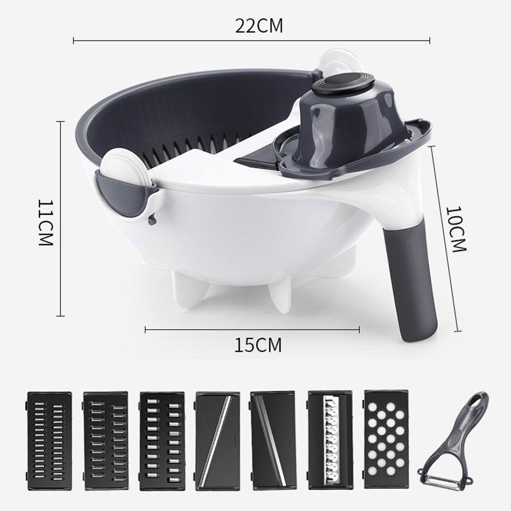 Multifunctional kitchen tool with attachments and measurements on a white background