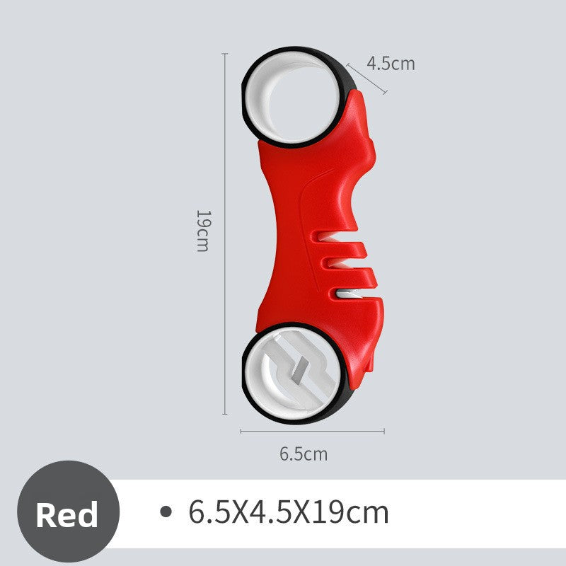 Red and white tool with dimensions on a gray background