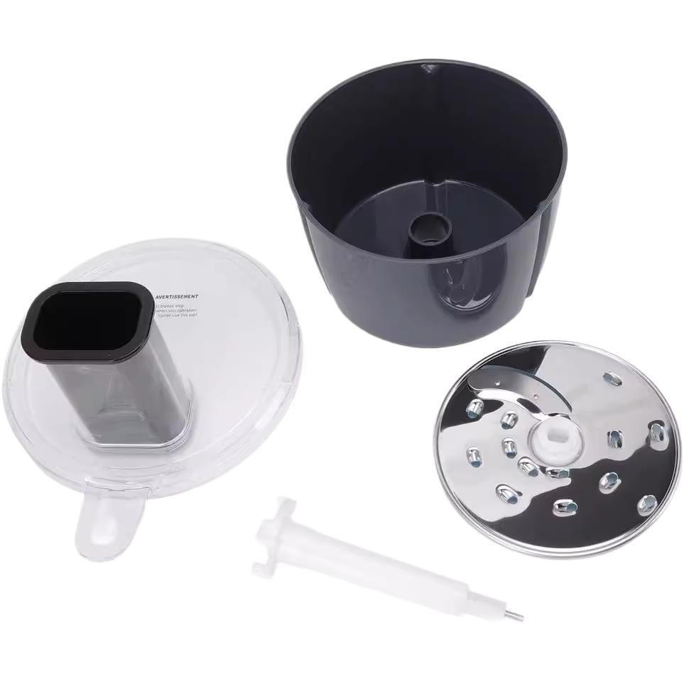 Set of kitchen appliance parts including a black container, white funnel, chrome blade, and white rod on a white background.
