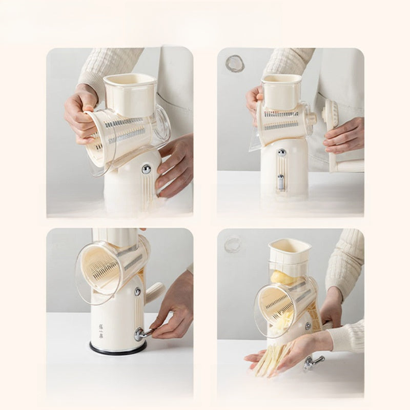 Step-by-step assembly of a white kitchen appliance on a light gray background