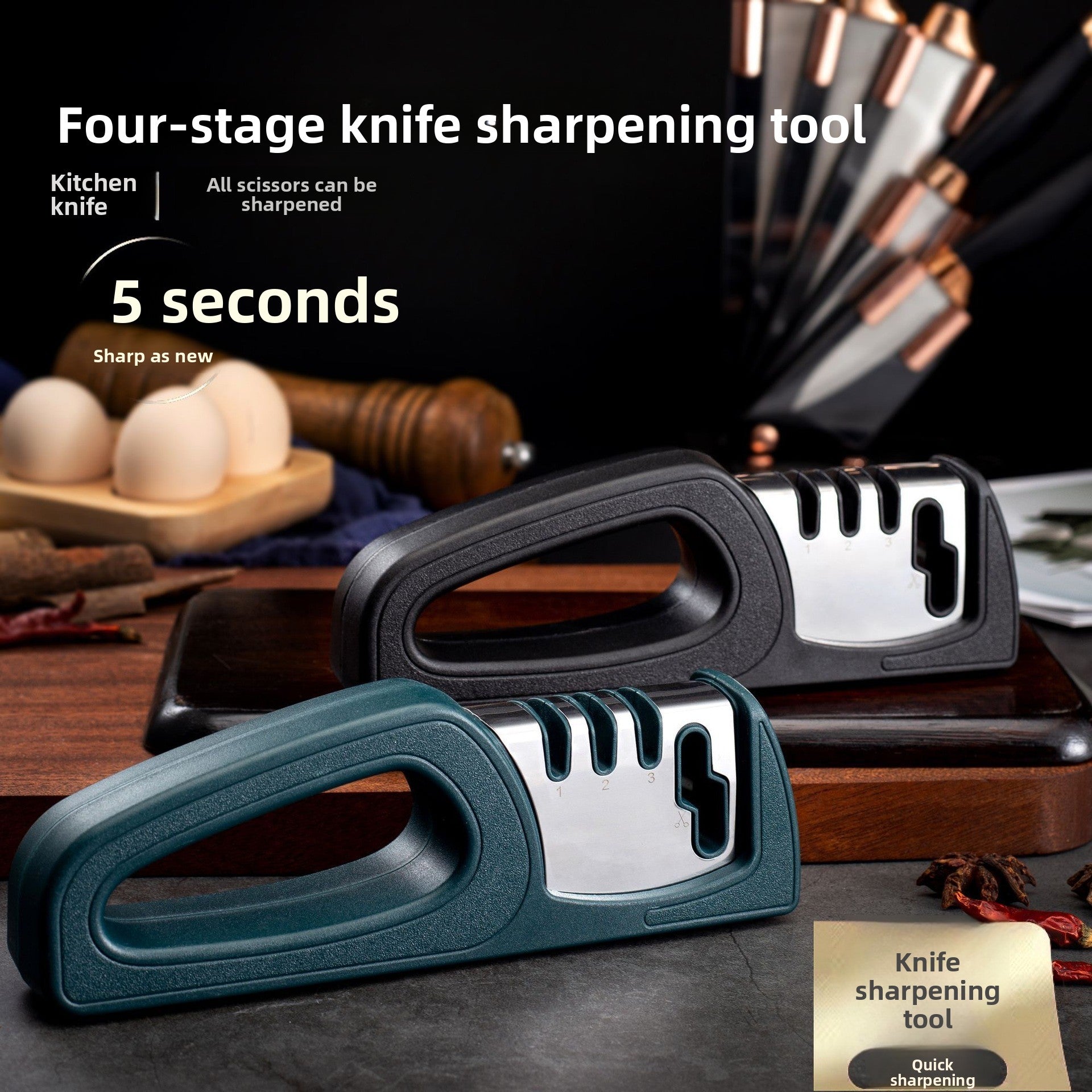 Two knife sharpening tools on a kitchen counter with text about their efficiency.