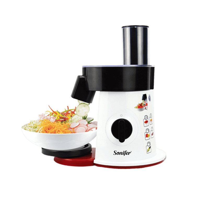 White and black food processor with vegetables on a white background