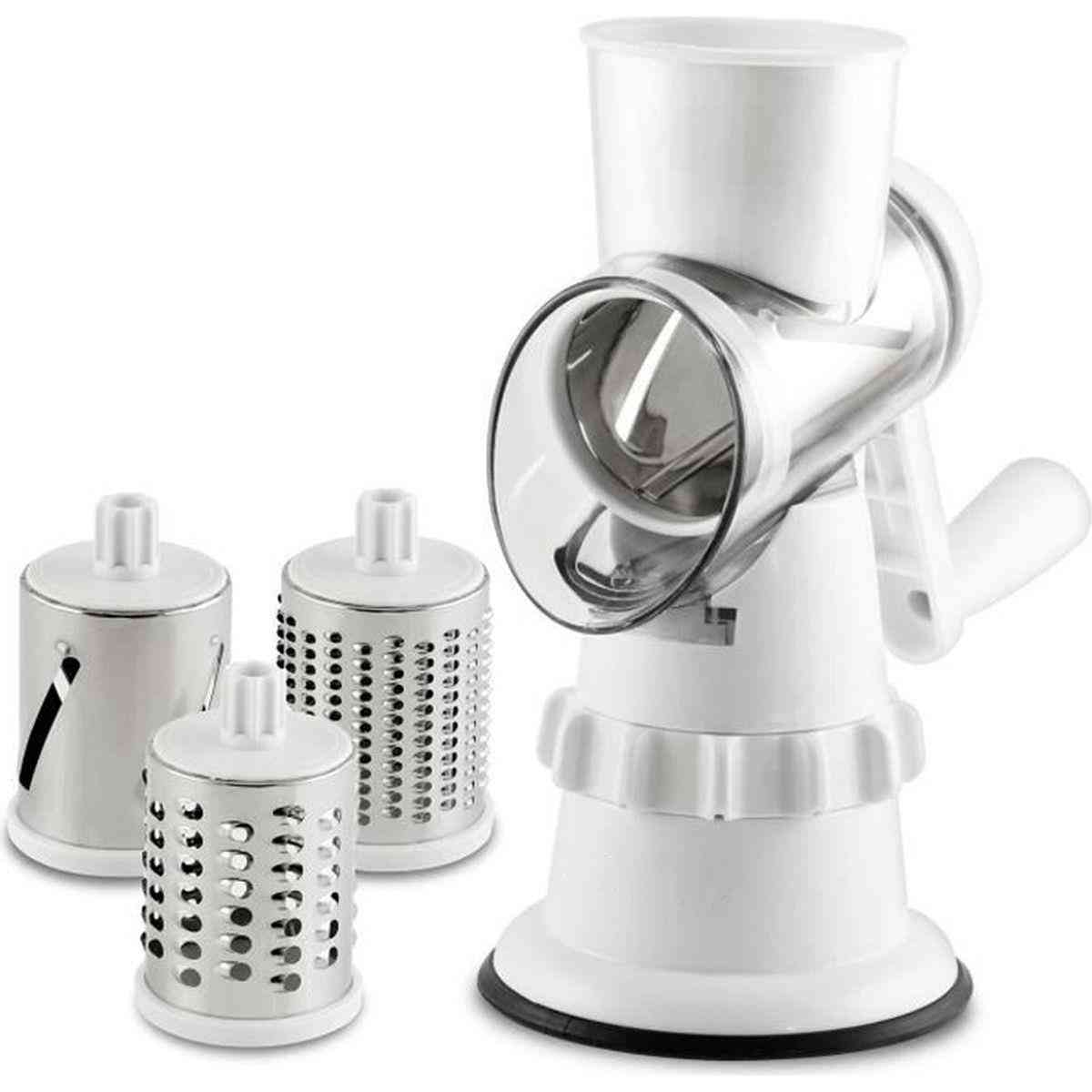 White manual rotary cheese grater with interchangeable metal grating drums on a white background