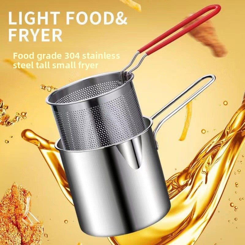 Metallic food and fryer with red handle on a yellow background