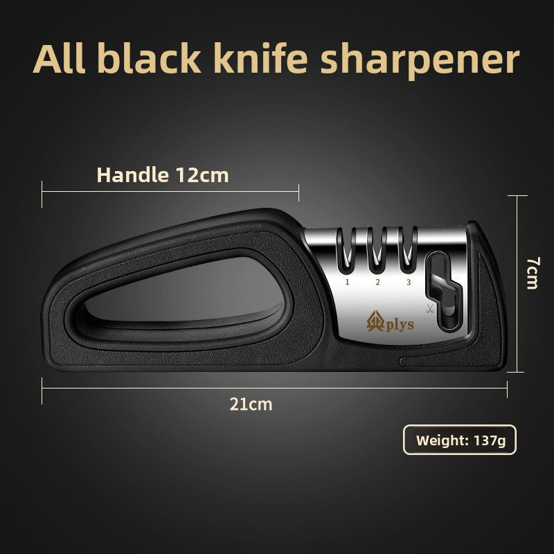 All black knife sharpener with measurements on a dark background