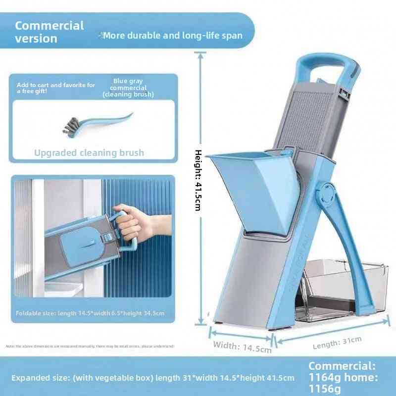 Blue and gray cleaning tool with dimensions and features highlighted on a white background