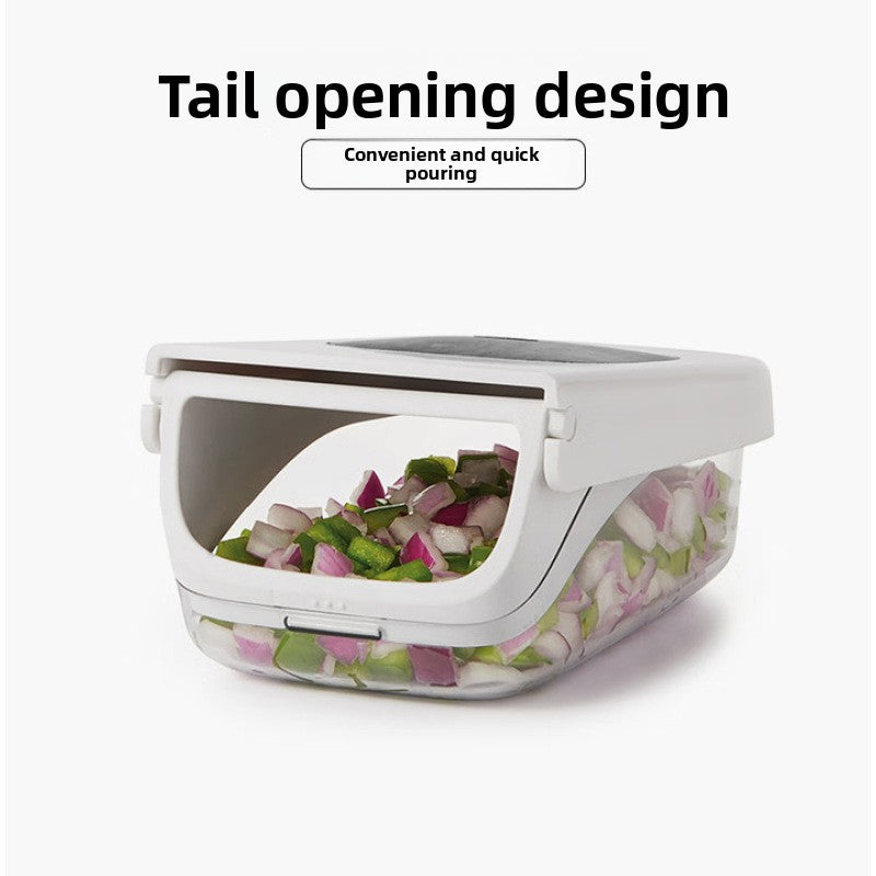 Container with a tail opening design for convenient pouring, filled with chopped vegetables.