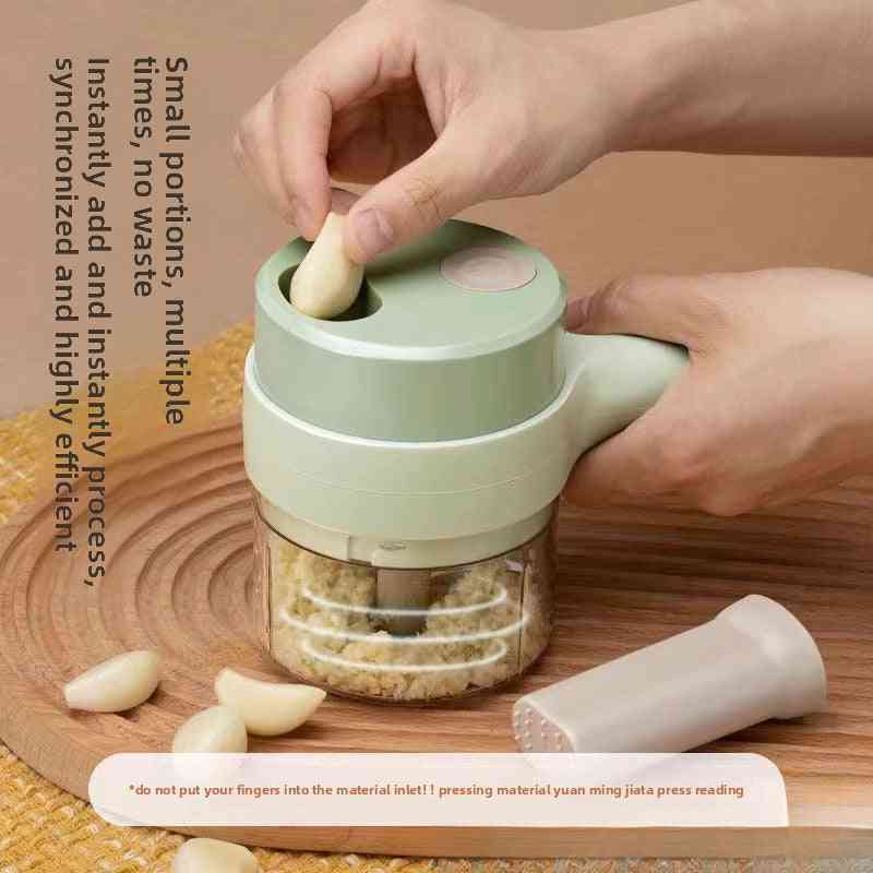 Hand using a garlic press on a wooden surface with text describing its features.