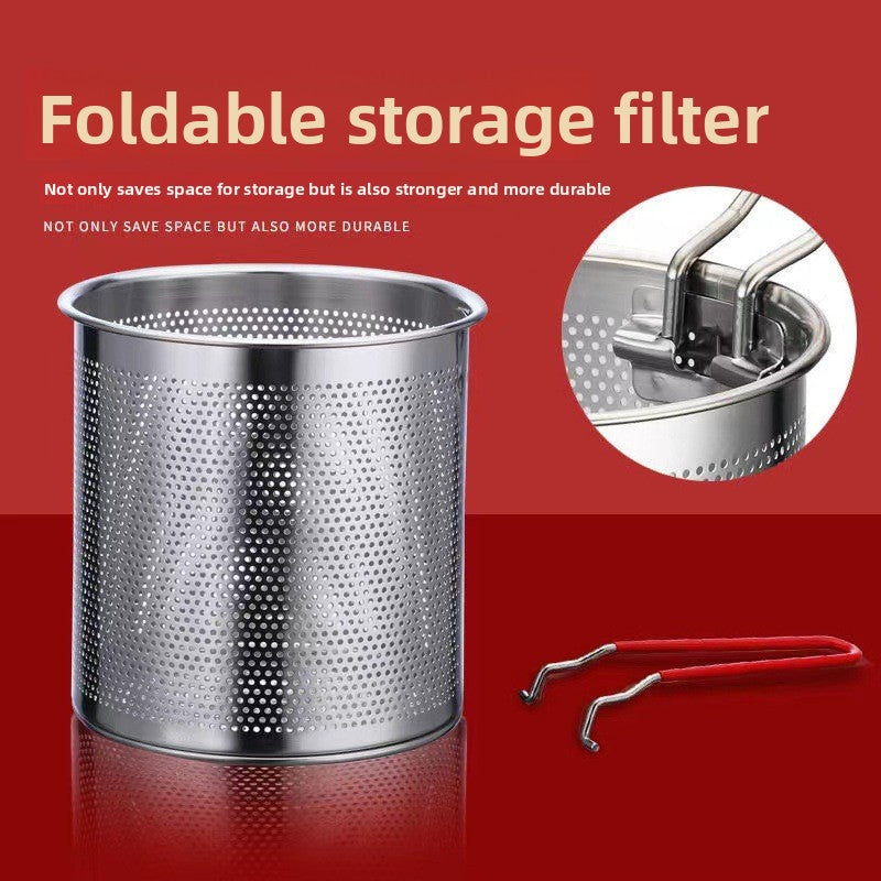 Foldable storage filter with metal canister, red tongs, and close-up on red background