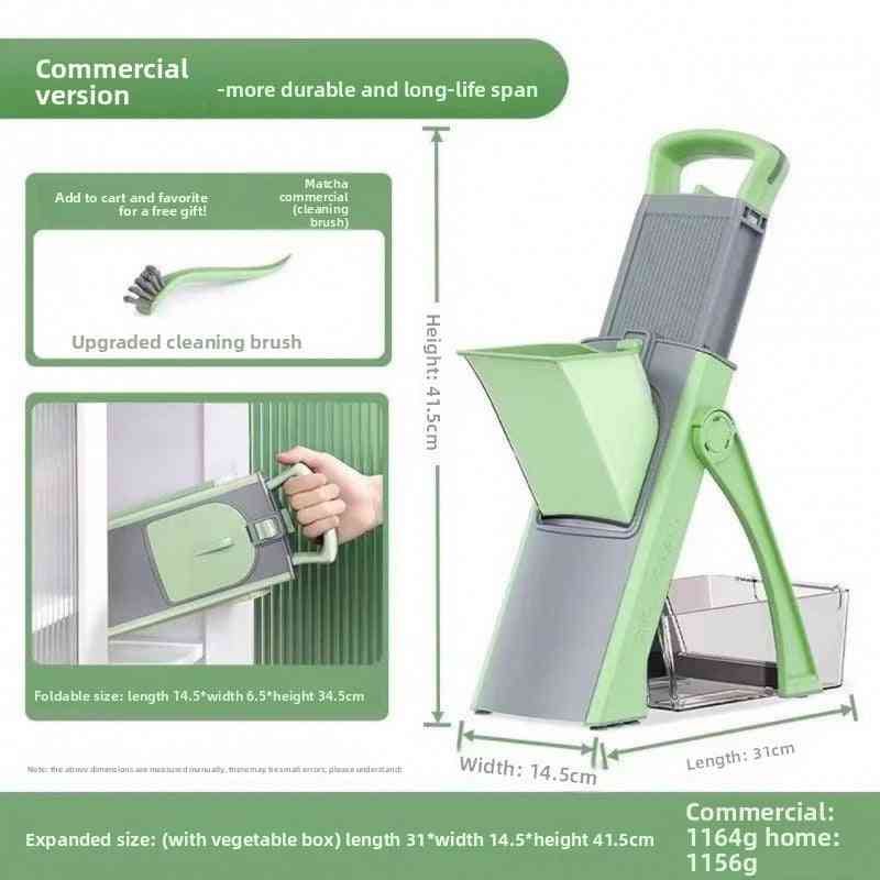 Green and gray kitchen cleaning tool with dimensions and features highlighted