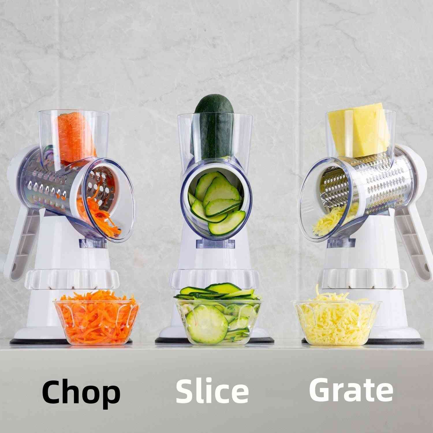 Multifunctional kitchen tool with 'Chop', 'Slice', and 'Grate' settings on a gray background.