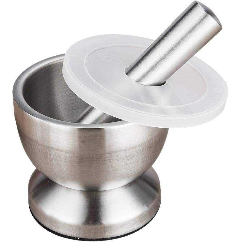 Stainless steel mortar and pestle on a white background