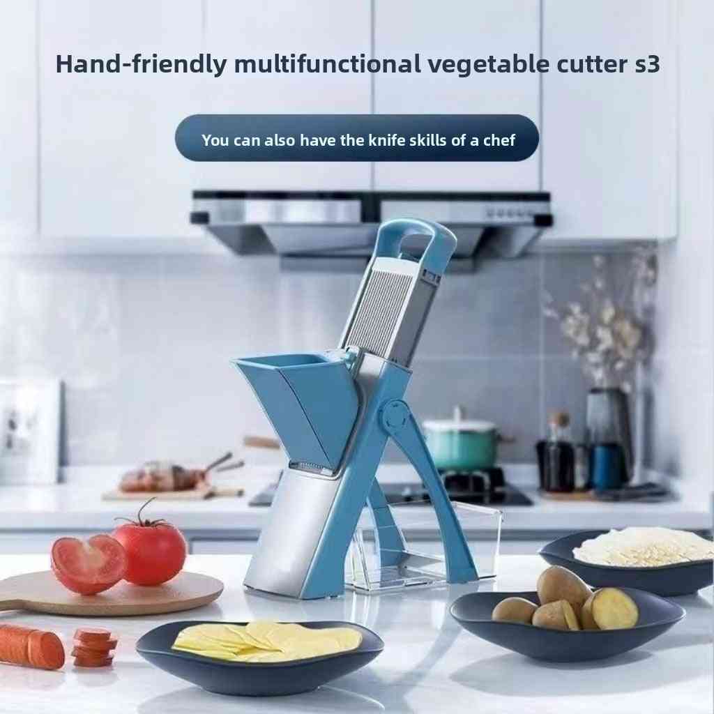 Blue kitchen tool on a kitchen counter with vegetables and appliances in the background