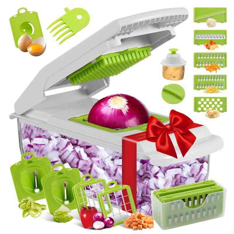 Vegetable chopper with various attachments and a gift box on a white background