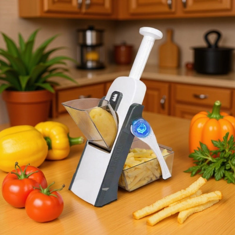 Vegetable peeler with potatoes on a kitchen counter