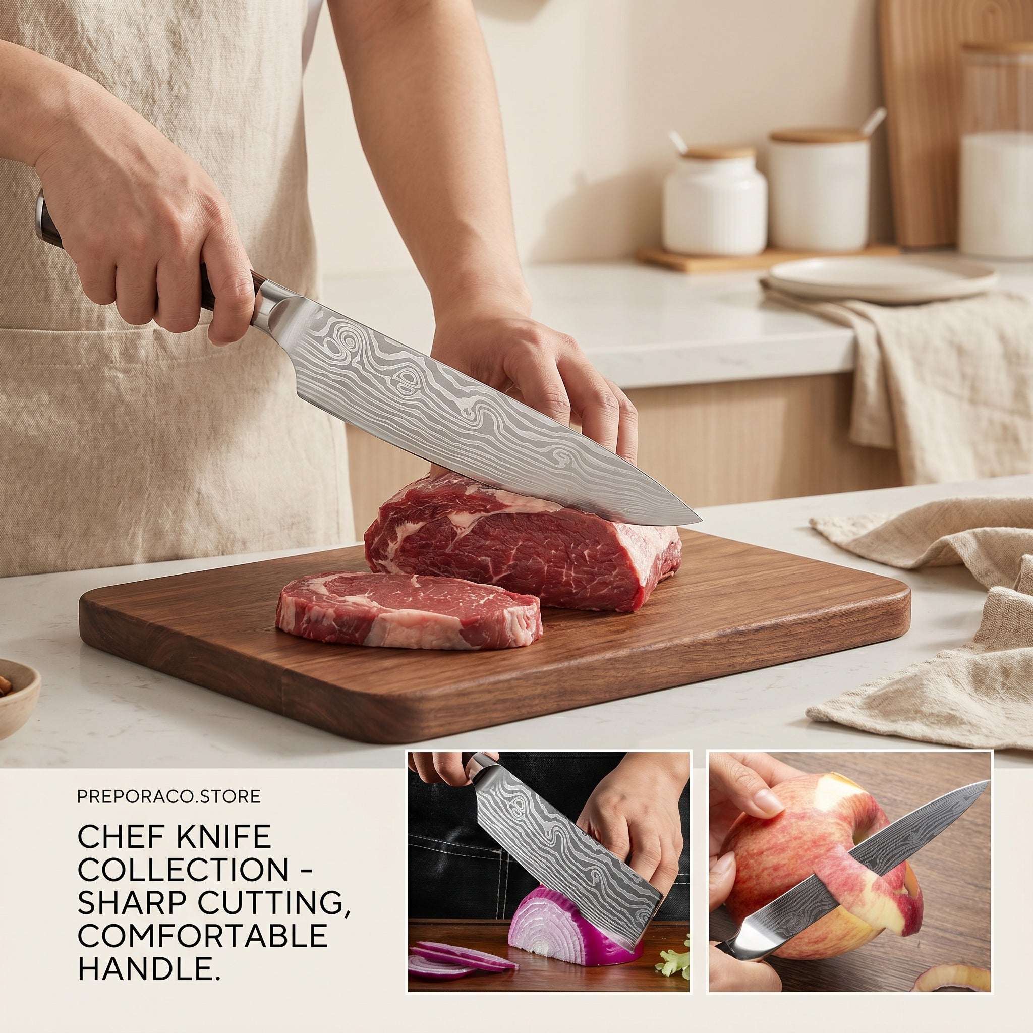 Precision cutting with Laser Pattern Damascus Chef Knife
